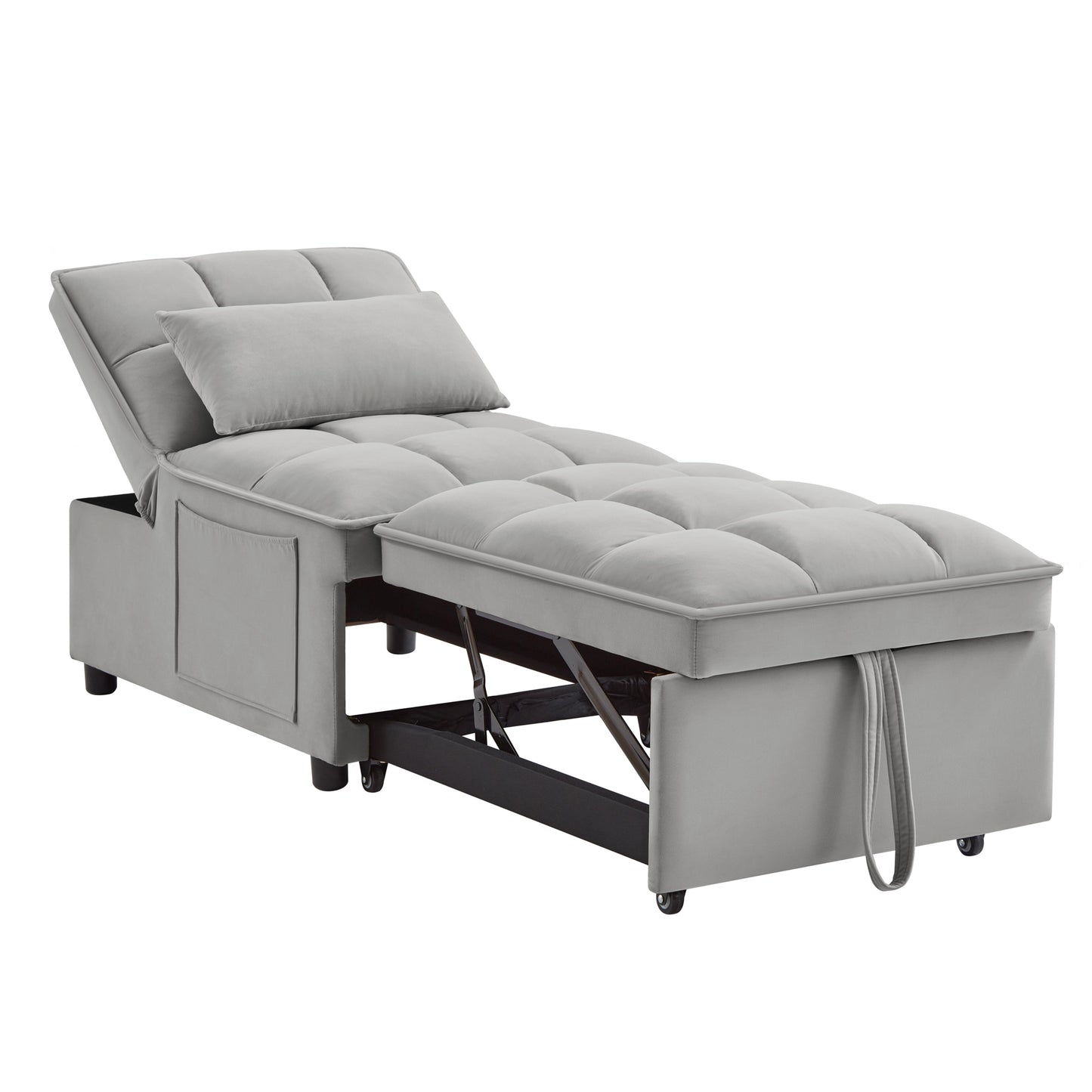 4 in1 Multi-Function Single Sofa Bed with Storage Pockets,Tufted Single Pull-out Sofa Bed with Adjustable Backrest and Pillows,Convertible Chaise Lounge,Gray image 10
