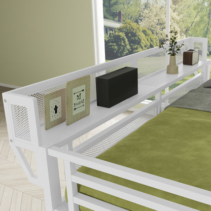 Queen Size Loft Bed with Stairs, Metal Queen Loft Bed with Storage Shelves, High Loft Bed with Wardrobe for Kids Teens, White, Patent Products image 7