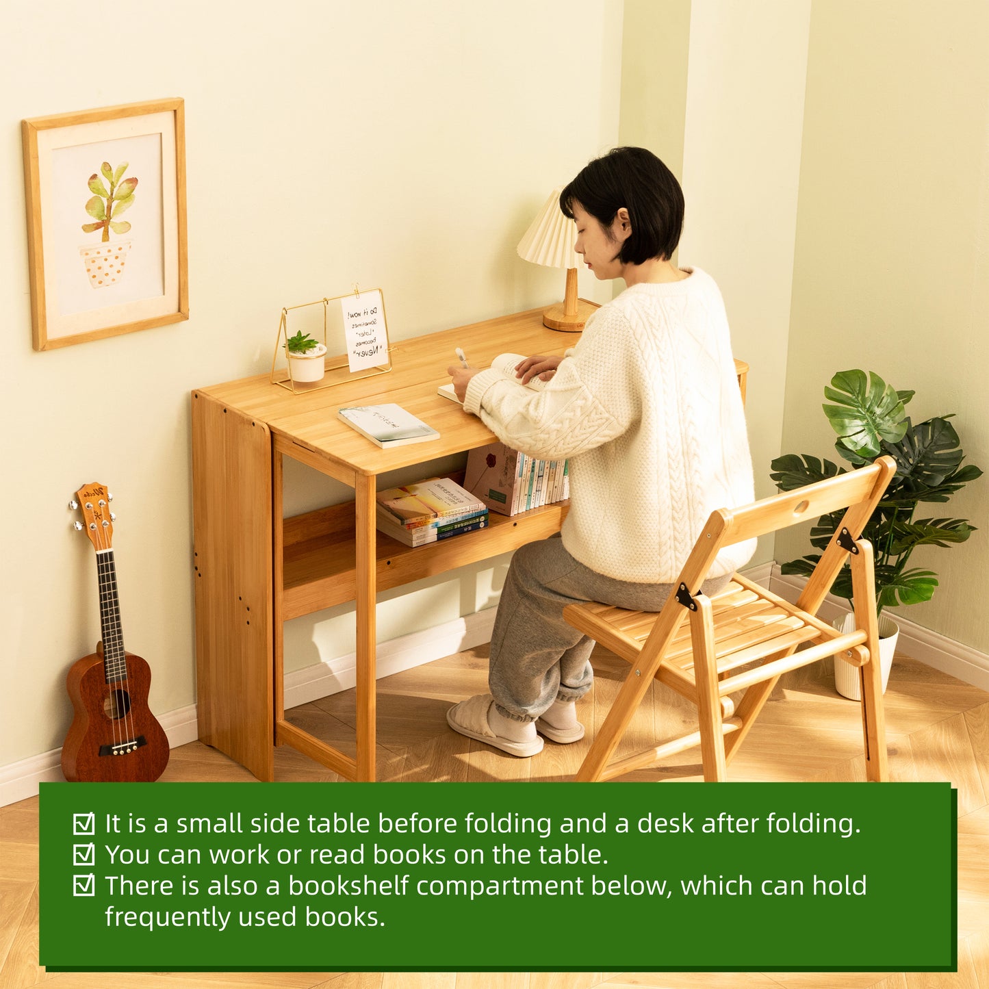 Bamboo Folding Desk, Space-Saving Computer Desk for Small Spaces, Foldable Study Table for Bedroom, Home Office, Dorm, Apartment, Natural Color image 7