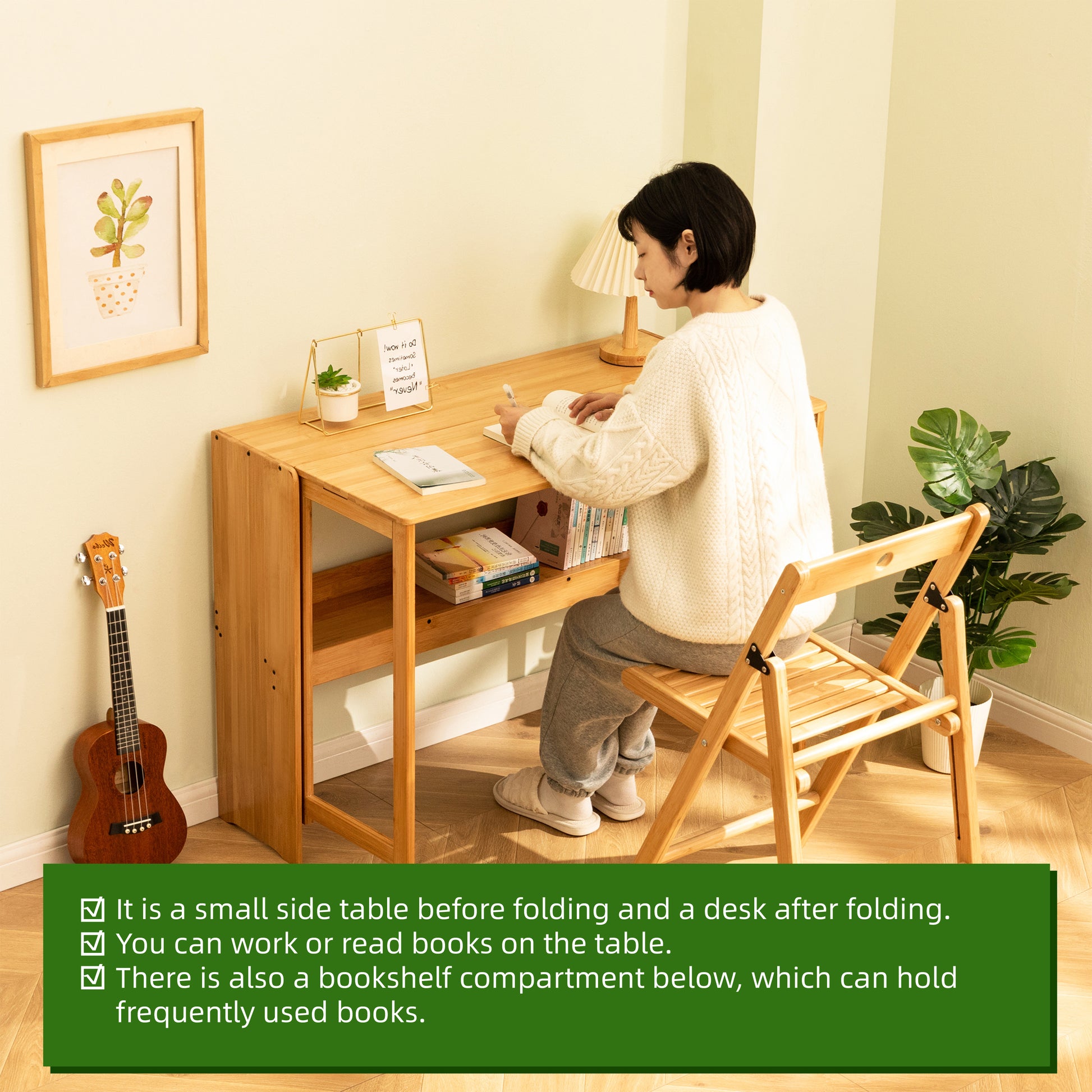 Bamboo Folding Desk, Space-Saving Computer Desk for Small Spaces, Foldable Study Table for Bedroom, Home Office, Dorm, Apartment, Natural Color image 7