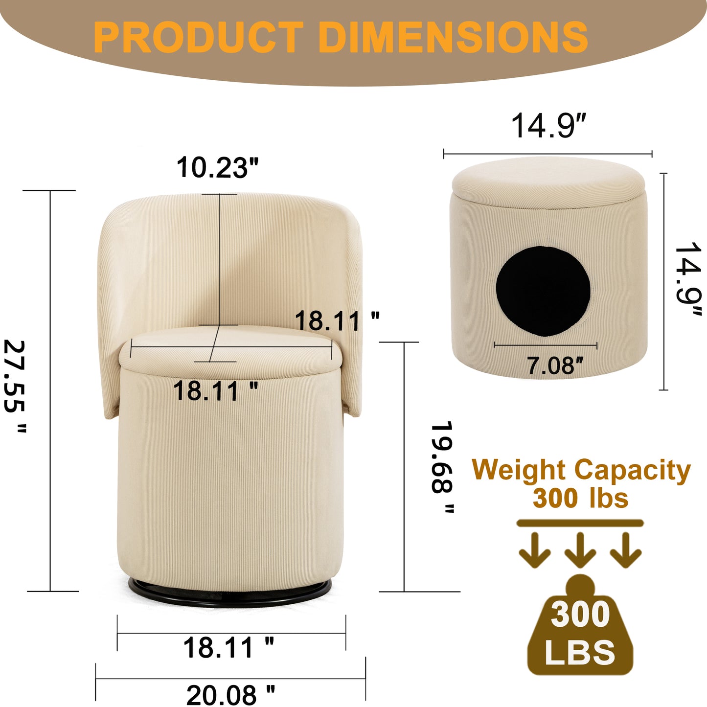 Decorative chair with storage, 360° rotating corduroy vanity & dining chair, soft padded seat, free cat bed stool included, beige, ideal for bedroom, dressing room and living room. image 7