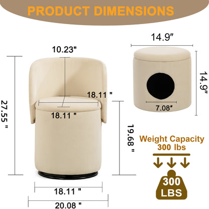 Decorative chair with storage, 360° rotating corduroy vanity & dining chair, soft padded seat, free cat bed stool included, beige, ideal for bedroom, dressing room and living room. image 7