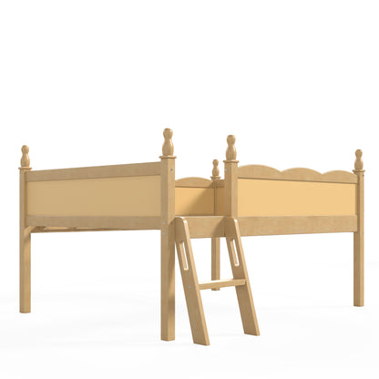 Full Size Loft Bed with Full-Length Guardrails, Solid Wood Low Loft Bed with Ladders and Beside Book Shelf, Chic Shape and Low Profile Design, Natural image 10