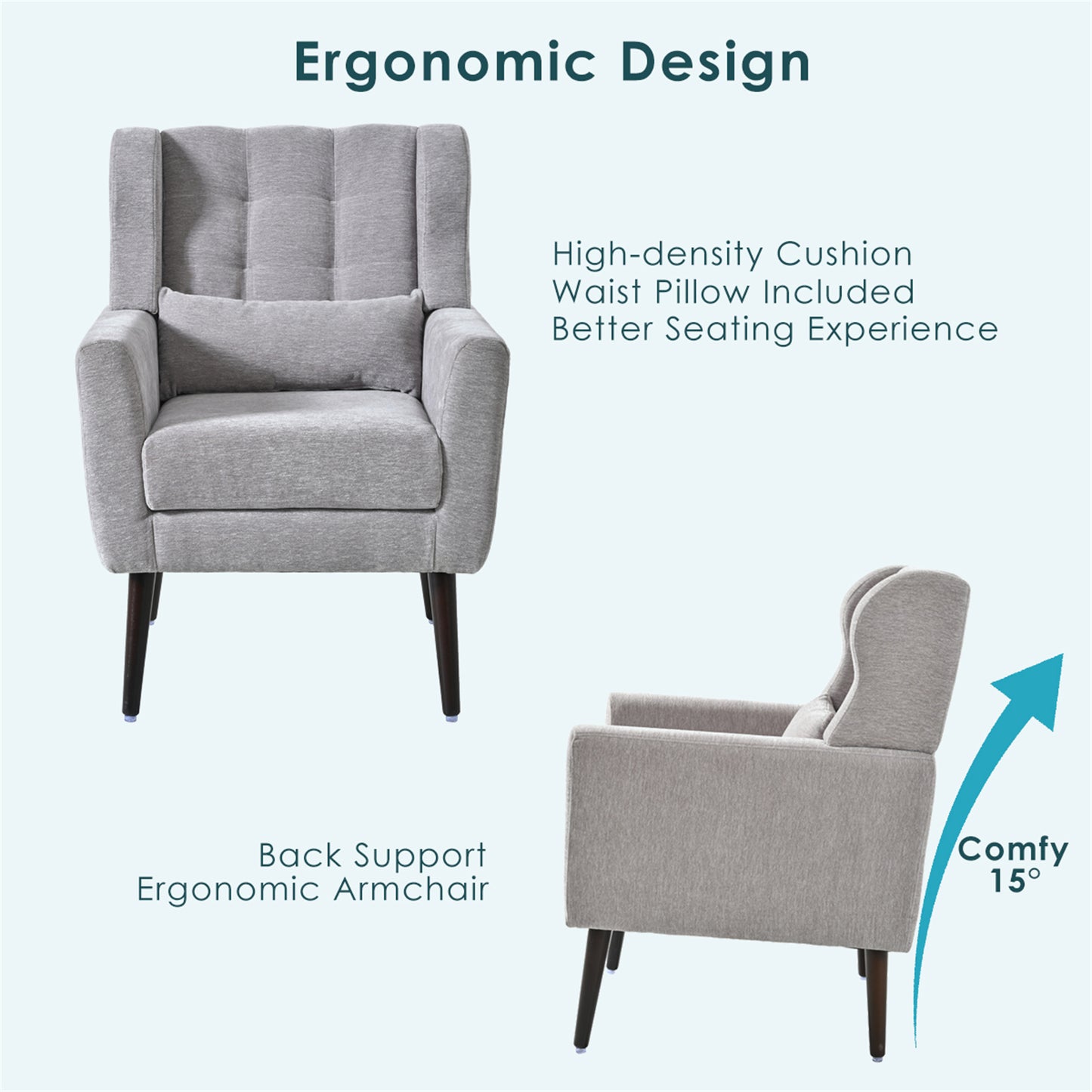 Modern Accent Chair,Chenille Arm Chairs for Living Room,Upholstered Mordern Armchair,Comfy Soft Padded Lounge Chair in Small Space, Bedroom, w/Pillow, Solid Wood Leg (Gray) image 3