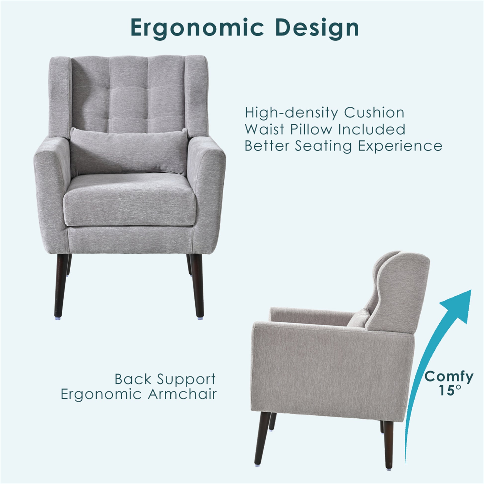 Modern Accent Chair,Chenille Arm Chairs for Living Room,Upholstered Mordern Armchair,Comfy Soft Padded Lounge Chair in Small Space, Bedroom, w/Pillow, Solid Wood Leg (Gray) image 3