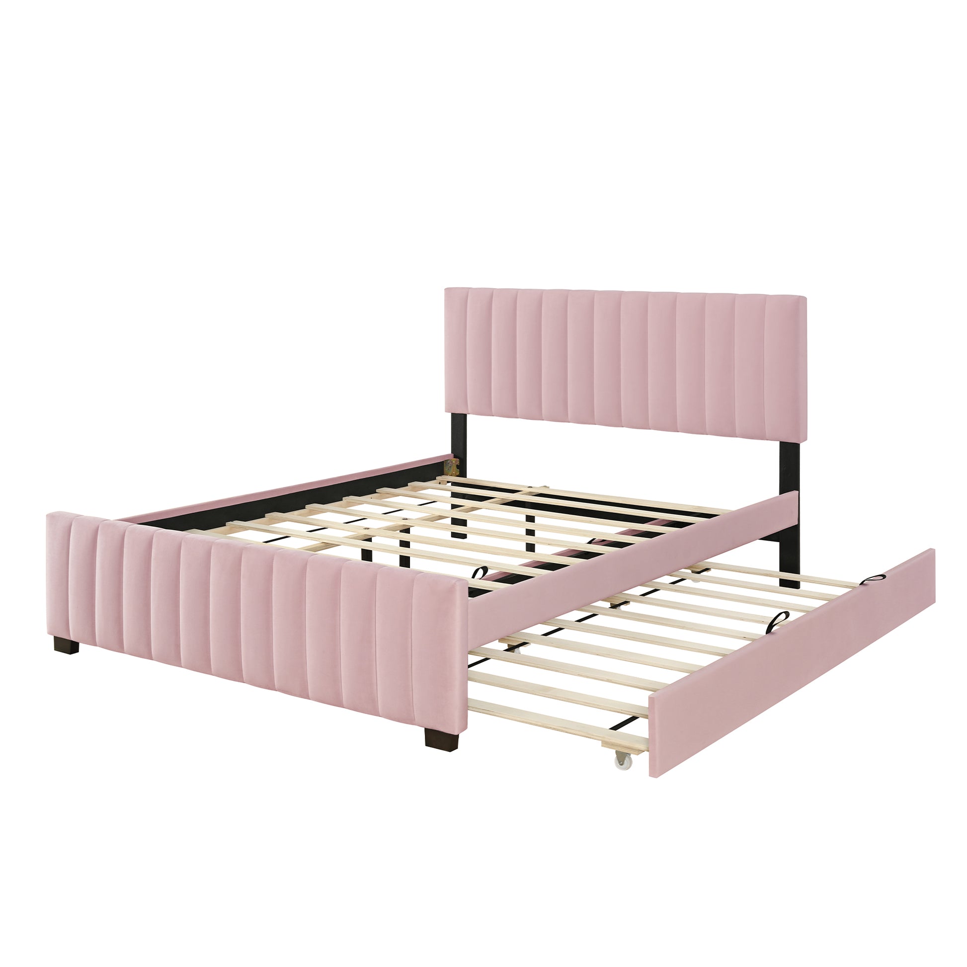 Queen Size Velvet Upholstered Platform Bed with Twin XL Size Trundle, Pink image 4