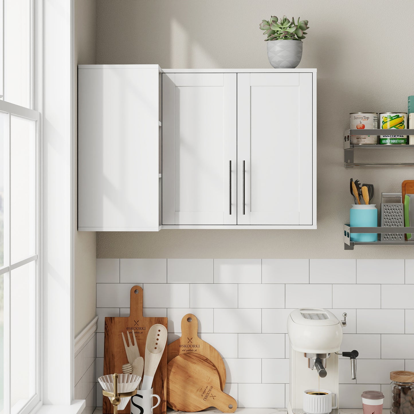 L Shape Wall Mounted Kitchen Sideboard Cabinet with 2 Door, 3 Layers Shelves, Storage Buffet Cabinet for Bathroom, Dining Rooms image 2