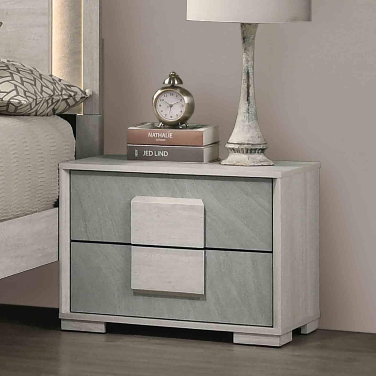 Two Tone Design Nightstand 1pc French Dovetail Drawers Wooden Handles Melamine Top White Wash And Stone Gray Finish Bedroom Furniture image 6