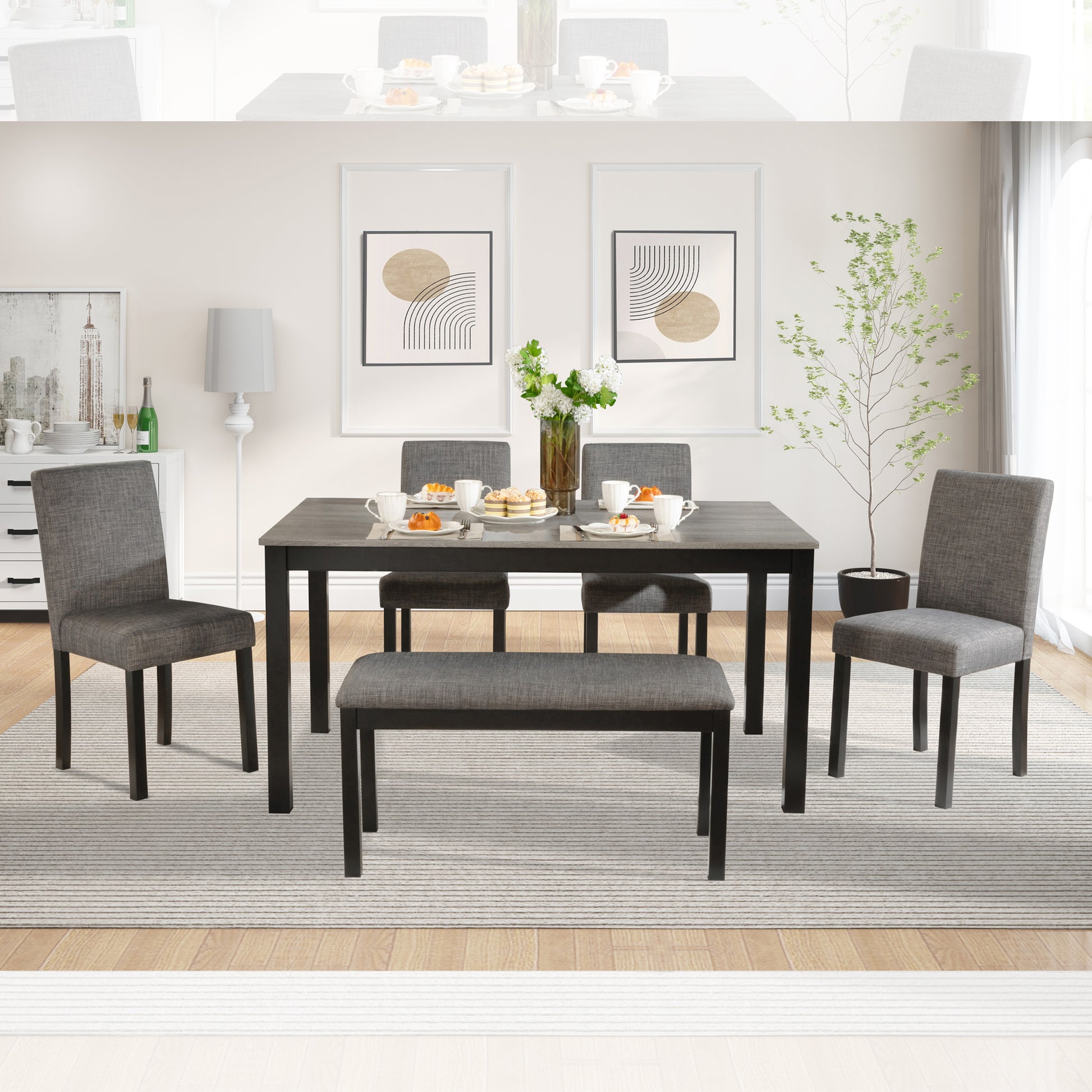 6-Piece Dining Table Set with Bench and Chairs, Dining Table Set for 6 with Bench, Wooden Dining Table Set for Kitchen, Dining Room, Light Grey & Black Two Tone image 2