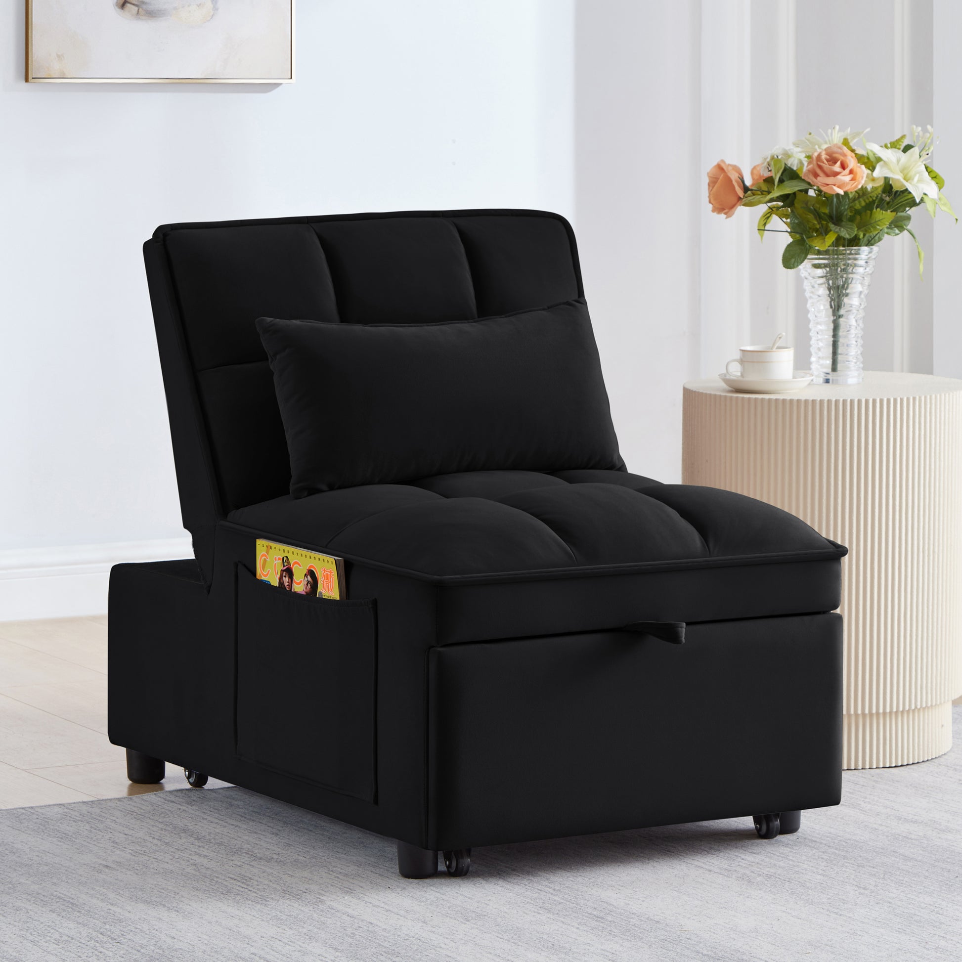 4 in1 Multi-Function Single Sofa Bed with Storage Pockets,Tufted Single Pull-out Sofa Bed with Adjustable Backrest and Pillows,Convertible Chaise Lounge,Black image 2