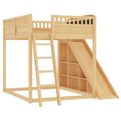 Full Size Loft Bed with upholstered headboard and storage shelves, complete with ladder and slide, Natural image 7