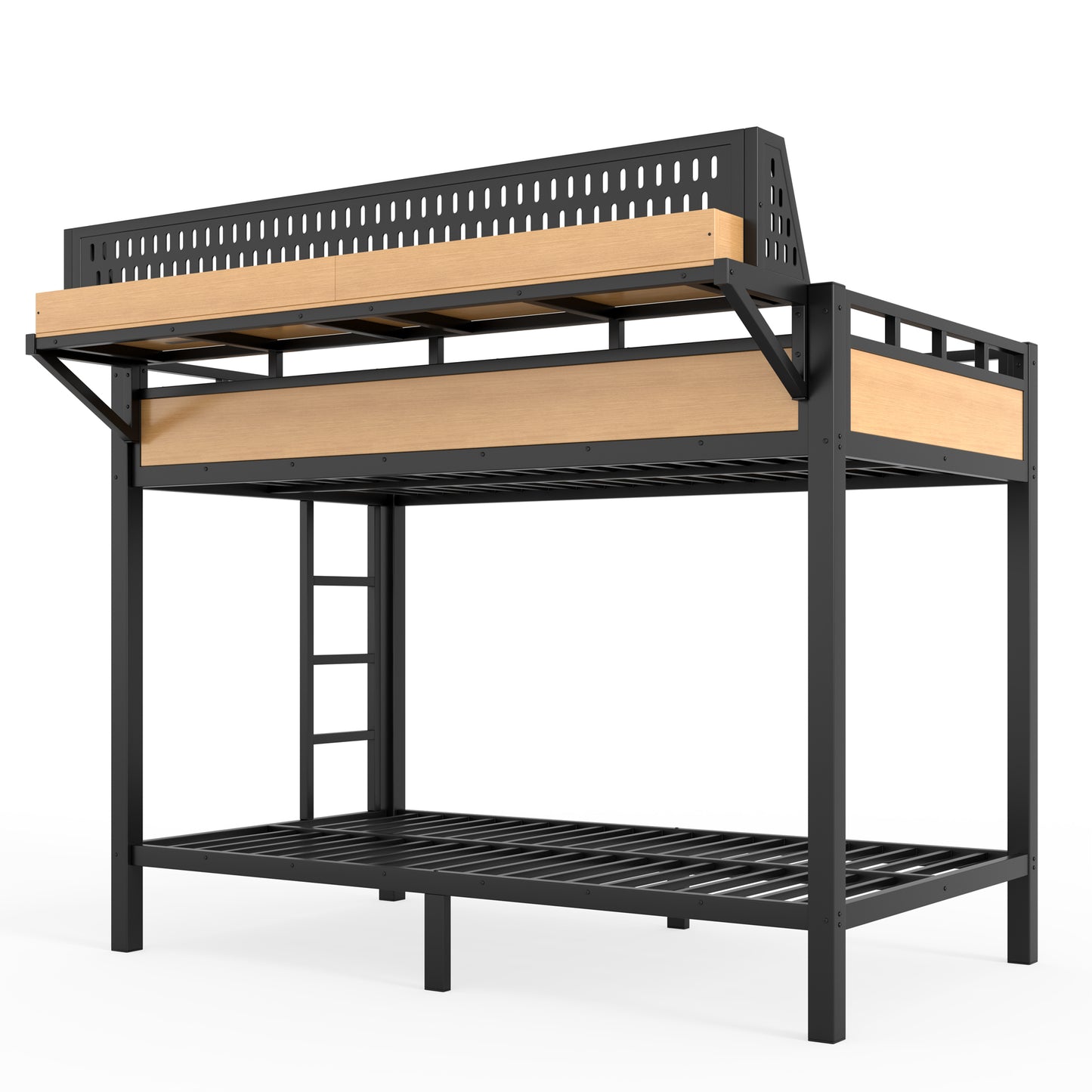 Twin XL over Twin XL Size Metal Bunk Bed with Storage Shelves and Pegboard, Bunk Bed Frame with USB Ports and LED Lights, Space-Saving, for Teens and Adults, Natural image 11