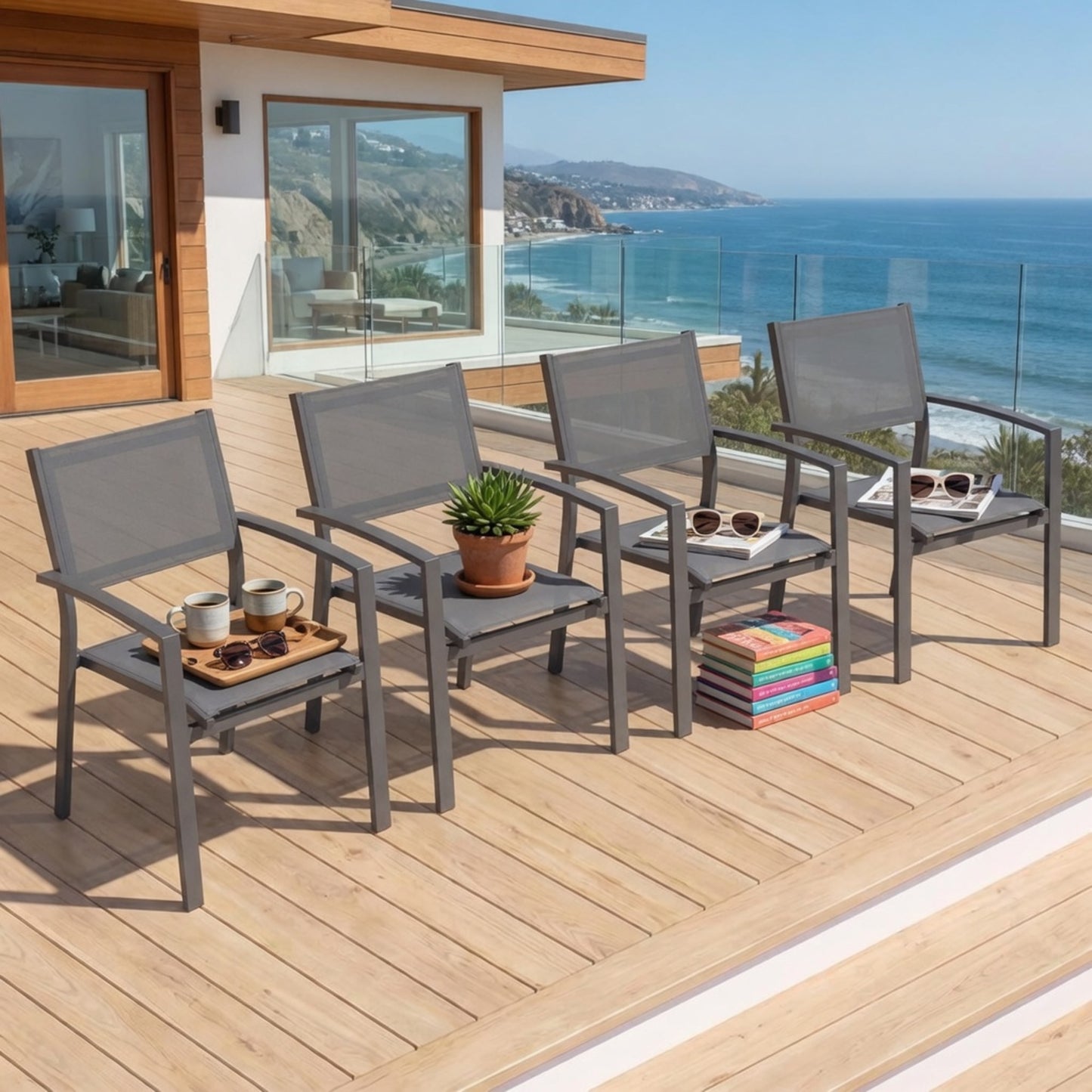 Set of 4, Heavy duty Metal Grey Outdoor Patio Chair – All Weather Textilene image 6