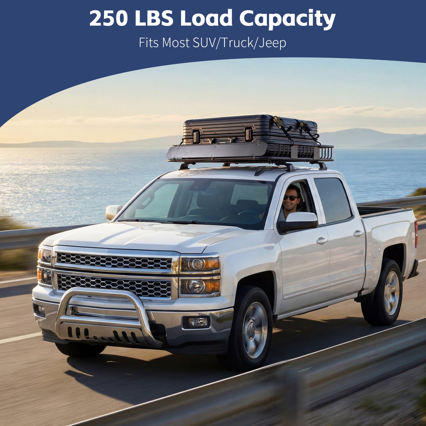 64 x 39 x 6 Inch Heavy Duty 250LB Roof Rack Cargo with 500D Waterproof Cargo Bag, Net & Ratchet Strap, Car Top Luggage Holder Basket for SUV, Truck or RV Camping Storage Steel Construction image 5