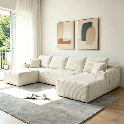 134" Cloud Sectional Sofa with U-Shape Chaise and Side Pockets and Cup holder, Modern Modular Design, Deep Seating, Upholstered Couch for Living Room/Bedroom, No Assembly Required (Plush)Beige image 2