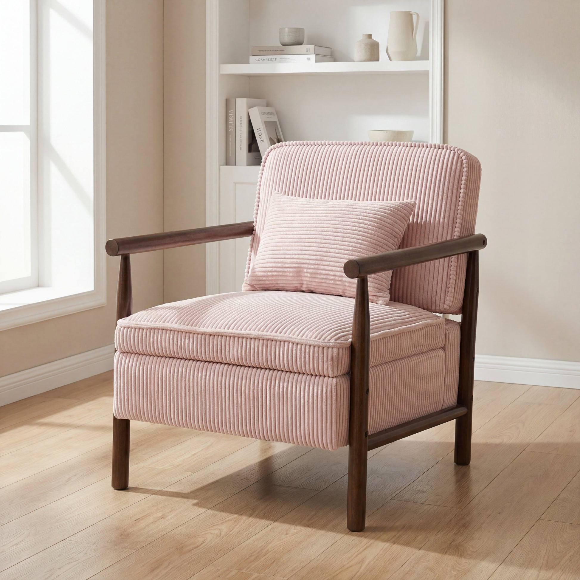 Storage Chair,Mid Century Modern Accent Chair with Wood Frame, Upholstered Living Room Chairs with Waist Cushion, Reading Armchair for Bedroom Sunroom image 1