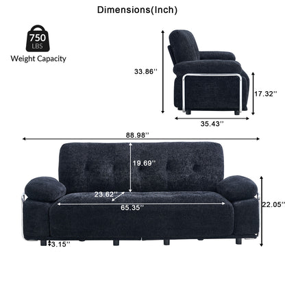 88.98'' Width Modern Sofa with Compression Seat Cushions and Back Cushions,Steel Arm Frame,Chenille Fabric,Black Color image 11