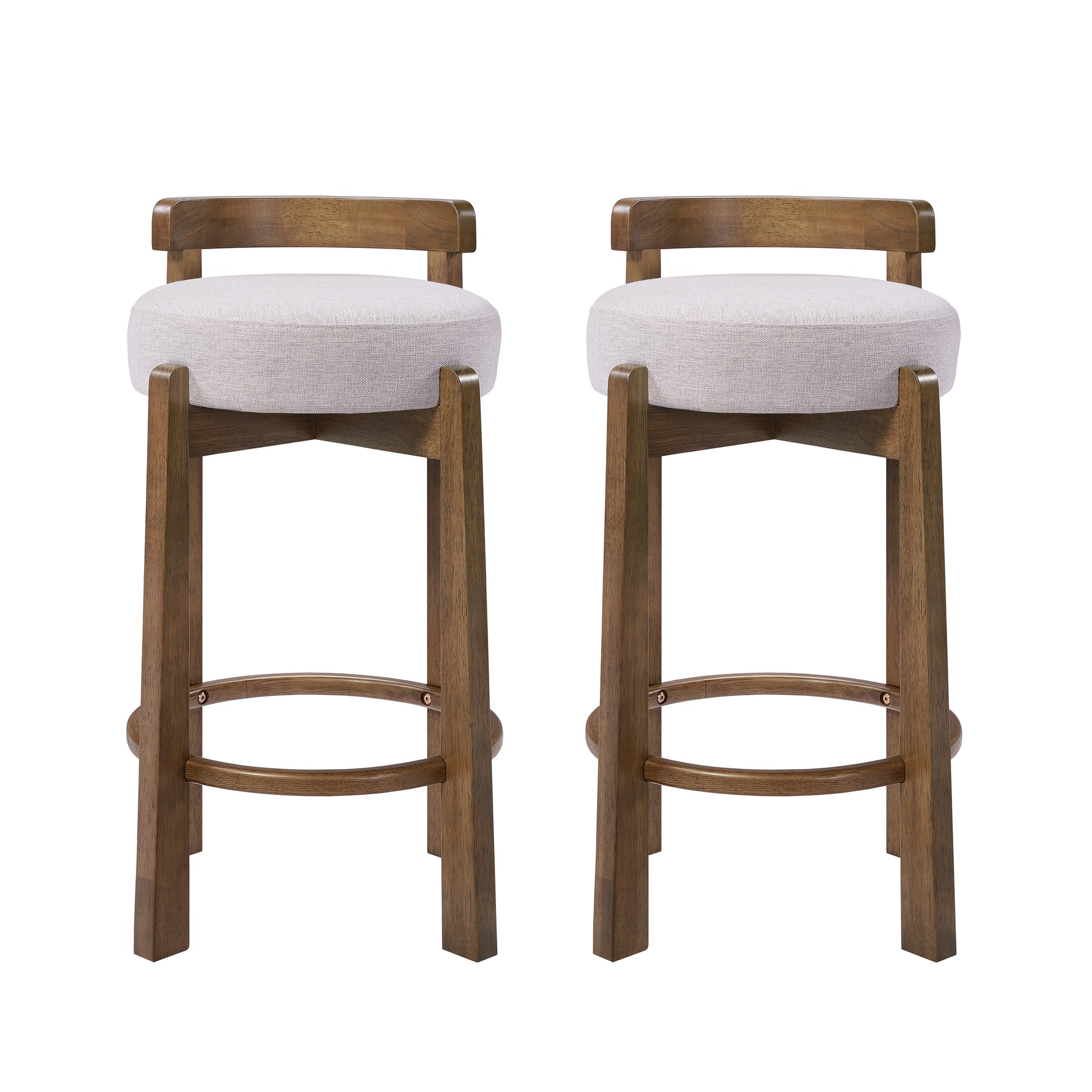 Elise Indoor Minimalist Rubber Wood Counter Height Bar Stool with Ring Footrest, Dark Walnut Finish with Ivory Upholstery, Set of 2 image 1