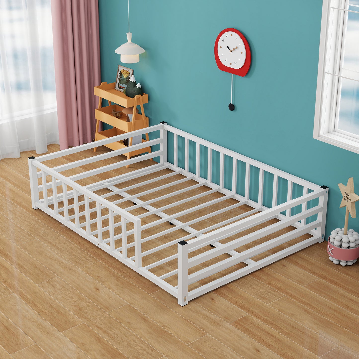 Full Size Floor Bed, Low Profile Metal Platform with Heavy Duty Guardrails, No Box Spring Needed, White image 11