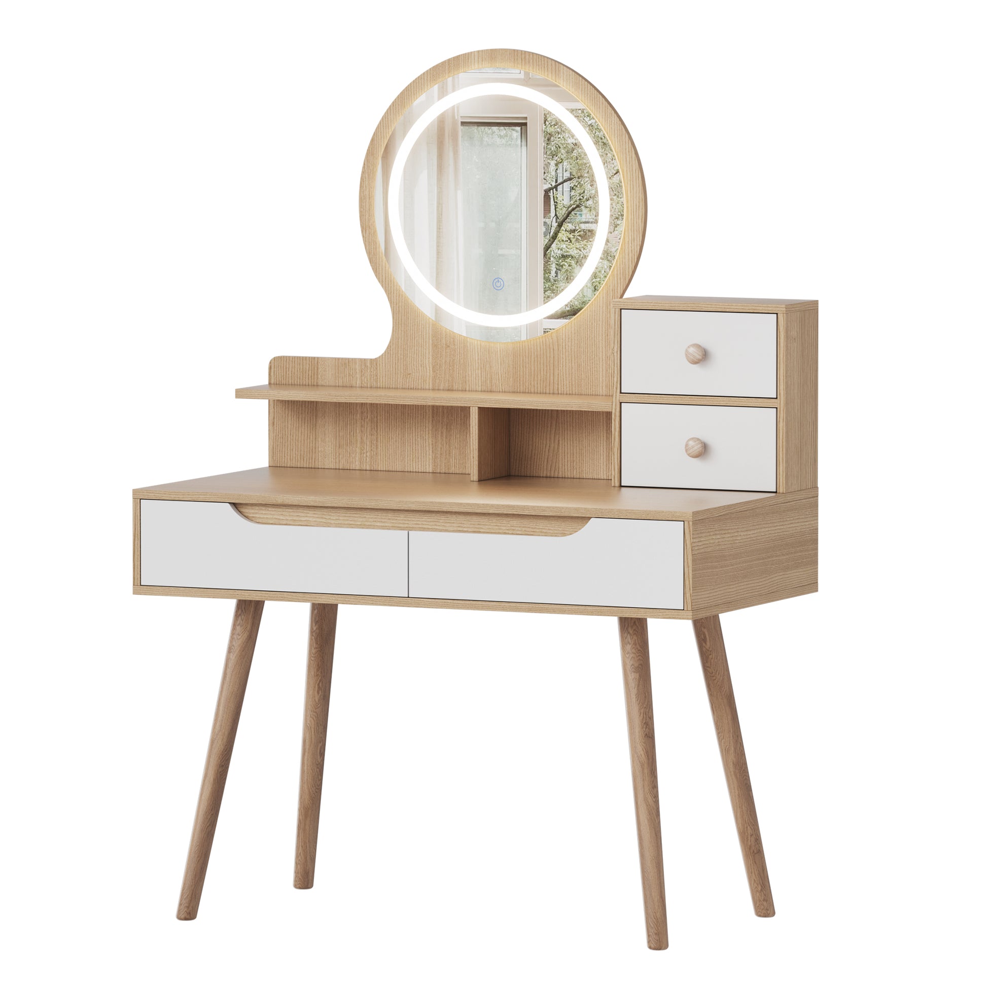 Makeup Vanity Desk with 3 Adjustable Lighted Mirror with solid wood table feet, Dressing Table Set with 4 drawers and 3 open shelves for Small space Bedroom image 2