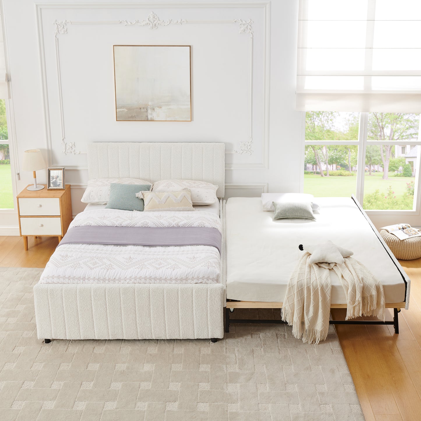 Full Size Vertical Striped Space Saving Upholstered Pull-out Bed with High Padded Back, Hidden Trundle Guest Bed Single to Double for Bedroom & Guest Room, Chenille image 6