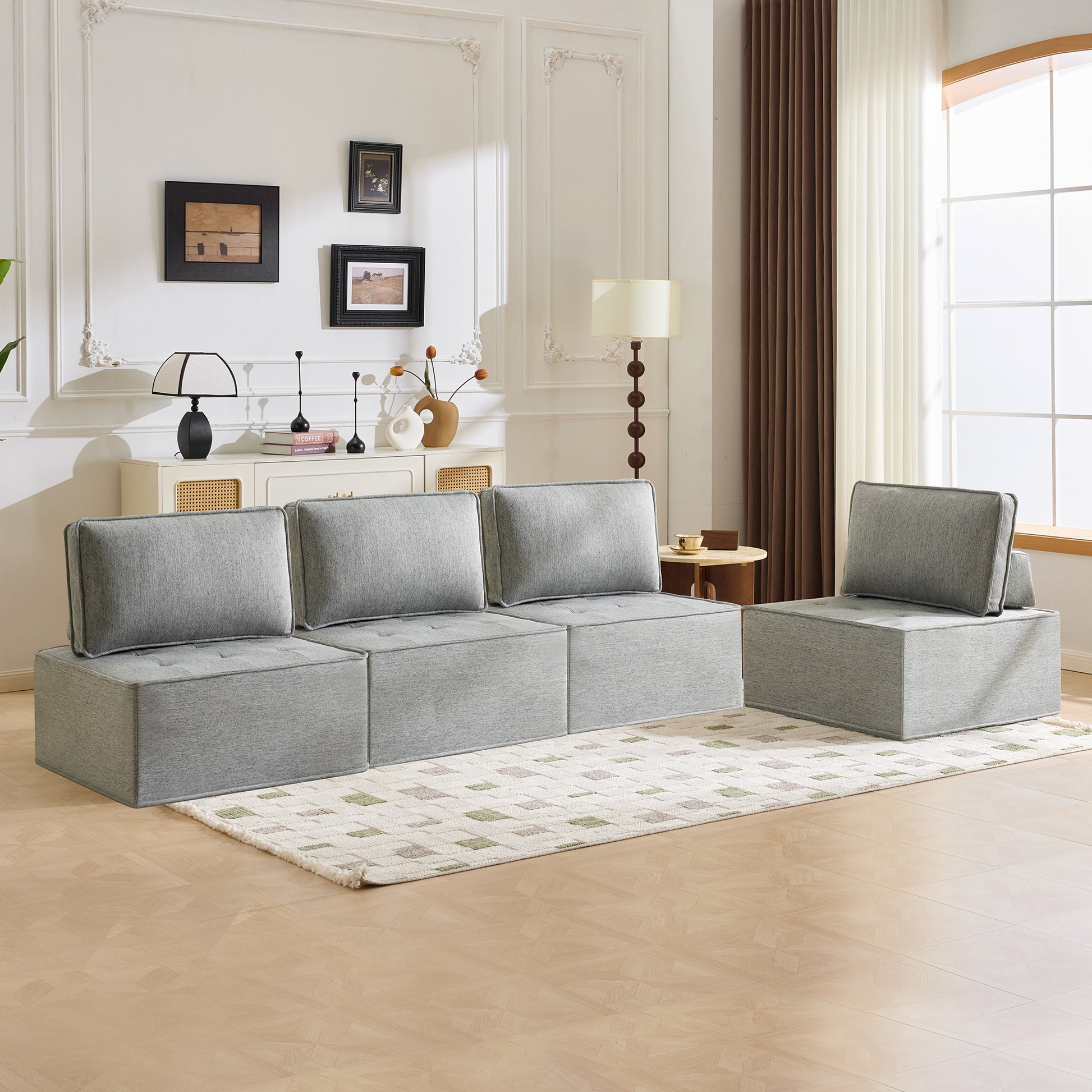 The light gray linen wooden frame sofa can be freely spliced, meeting various needs such as in small apartment living rooms and adapting to various decoration styles." image 5