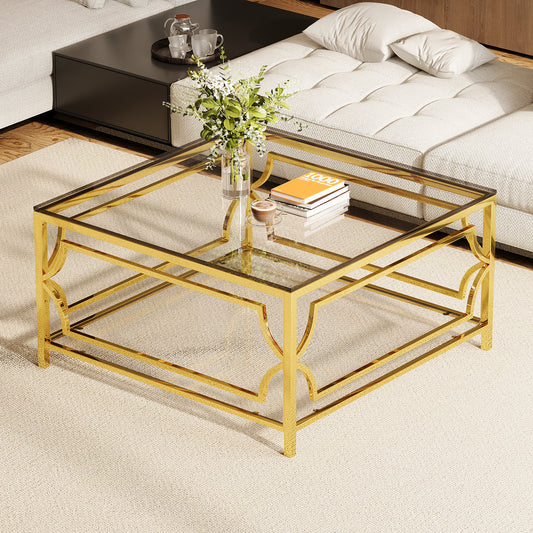 Square Glass Coffee Table in 33.5",Luxurious Geometric Metal Frame,Gold Finish & Lower Shelf image 1