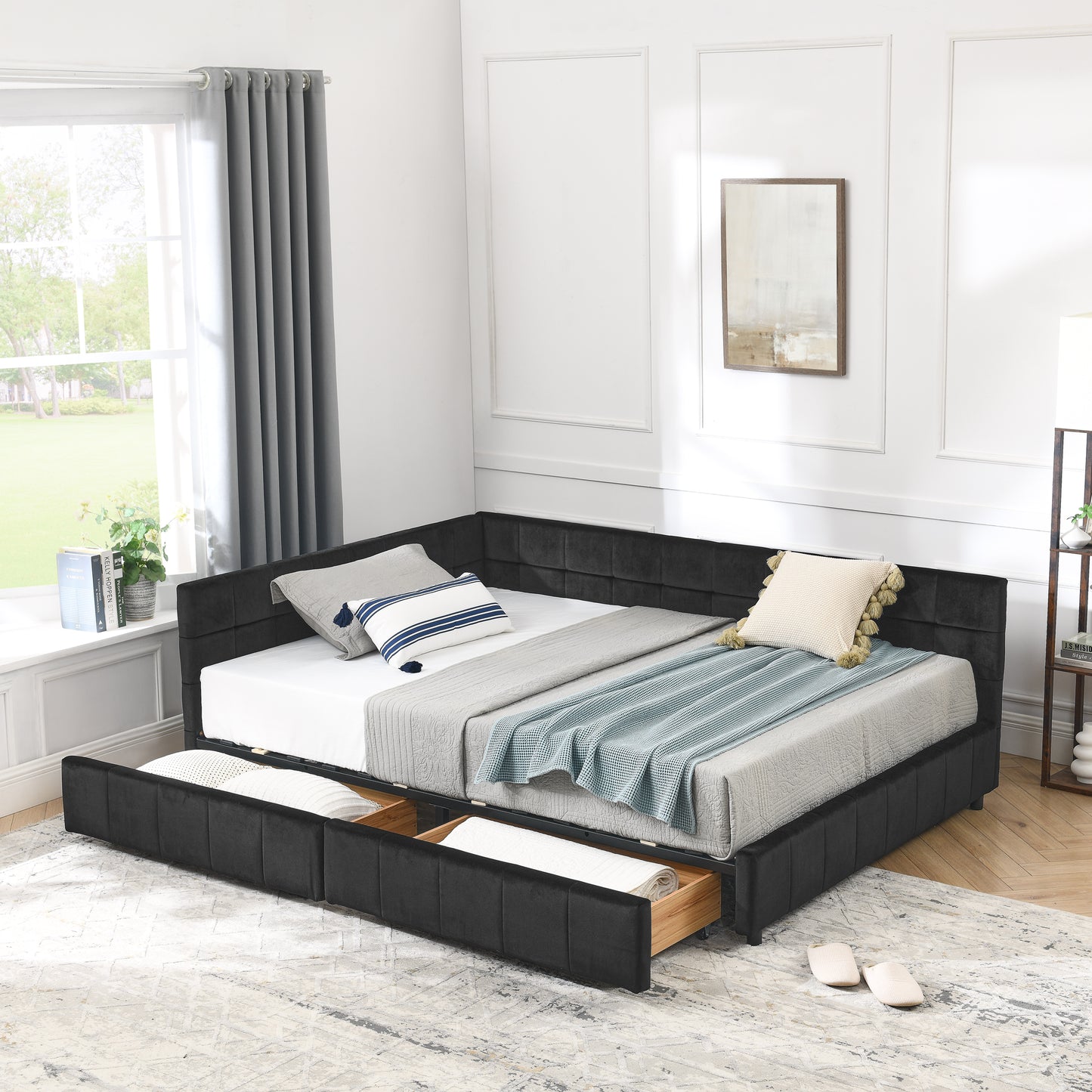 Full Size Storage Upholstered Tufted Bed Frame, Sofa Bed Frame with Comfortable Backrest and Armrests, Full Size Bed for Bedroom, Living Room,Velvet, BLACK(80.5''*59''*29.5'') image 1