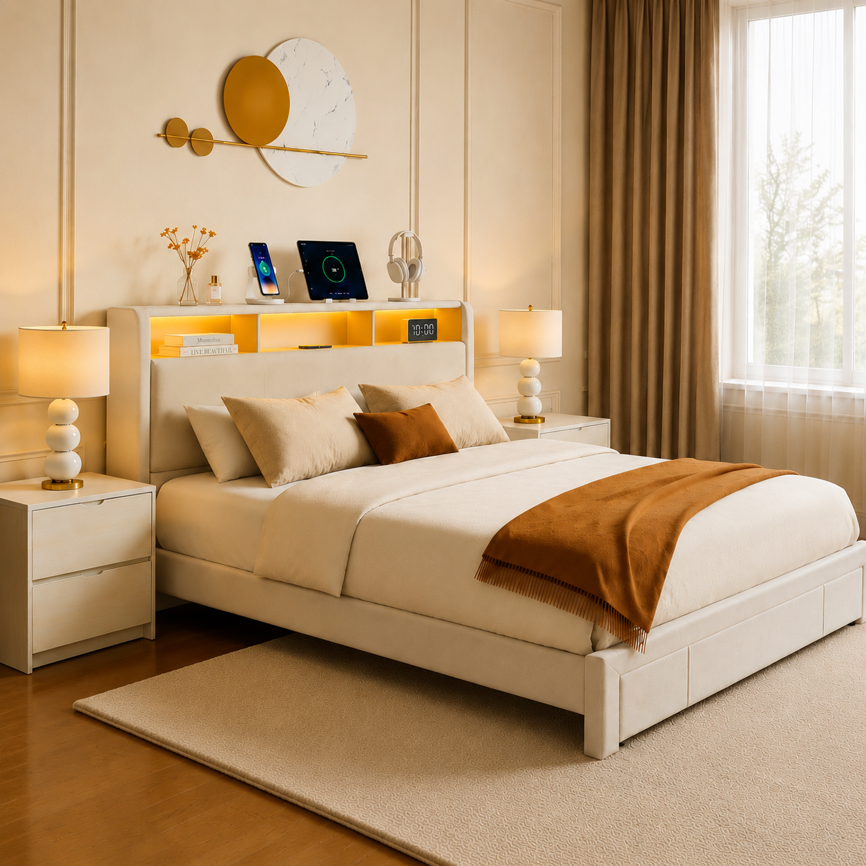 Full-size upholstered bed with drawers, featuring an upholstered storage headboard, heavy metal crossbar support, LED and USB charging, silent design, beige (mattress not included) image 3