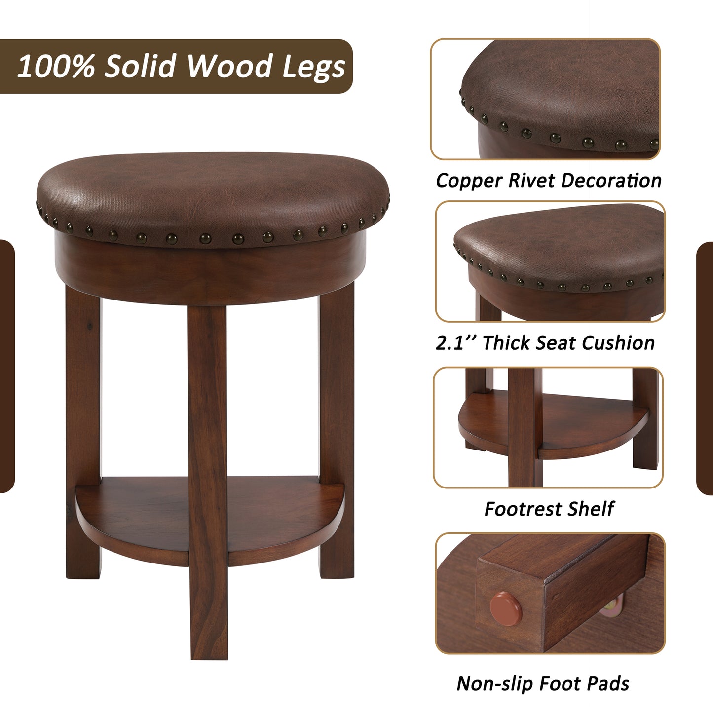 4 Piece Bar Table Set with3 PU Upholstered Bar Stools, Breakfast Table with 3 Padded Stools Solid Wood Counter Height Dining Table Set for Living Room, Dining Room. Cherry image 4