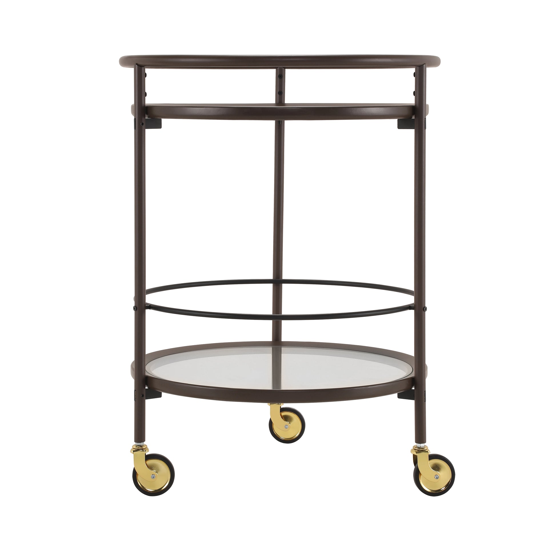 Modern Coffee Brown Round Bar Cart with Tempered Glass Shelves and Gold Locking Casters image 4