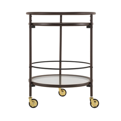 Modern Coffee Brown Round Bar Cart with Tempered Glass Shelves and Gold Locking Casters image 4