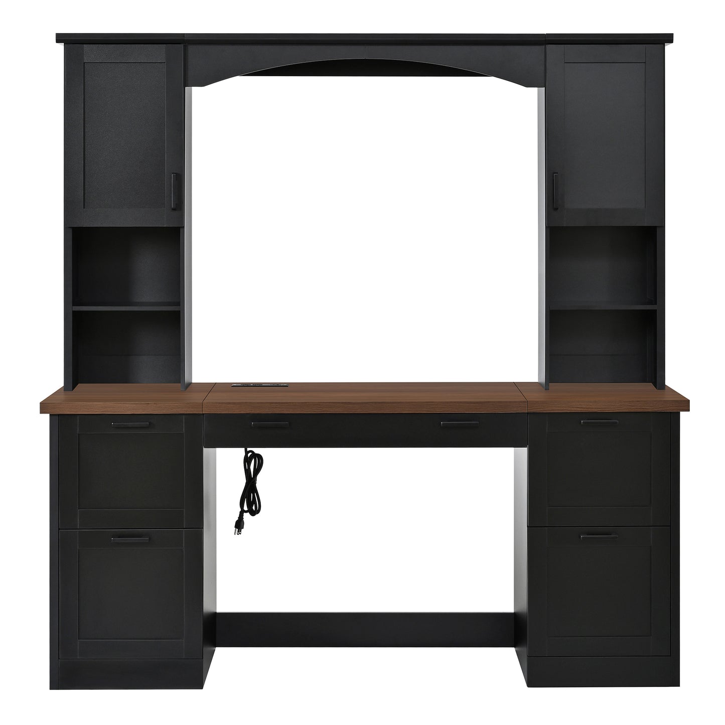 ON-TREND Farmhouse Arched Computer Desk with Hutch, Mid-Century Walnut Home Office Workstation with Charging Station & Keyboard Tray, All-in-One Writing Desk with File Drawer for Study, Office, Black image 8