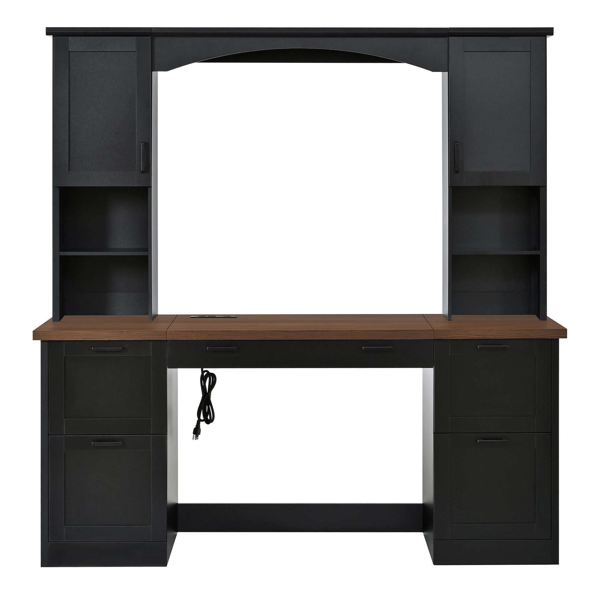ON-TREND Farmhouse Arched Computer Desk with Hutch, Mid-Century Walnut Home Office Workstation with Charging Station & Keyboard Tray, All-in-One Writing Desk with File Drawer for Study, Office, Black image 8