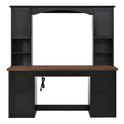 ON-TREND Farmhouse Arched Computer Desk with Hutch, Mid-Century Walnut Home Office Workstation with Charging Station & Keyboard Tray, All-in-One Writing Desk with File Drawer for Study, Office, Black image 8