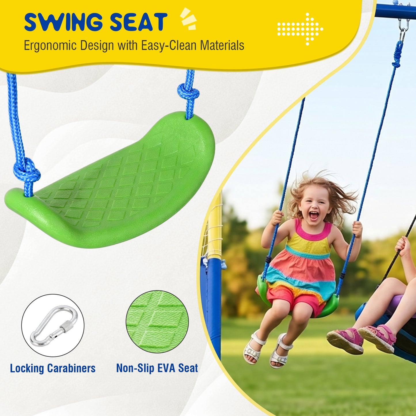 5-in-1 Kids Swing Set with Saucer Swing, Belt Swing, Basketball Hoop & Soccer Goal, Heavy Duty Metal Frame Backyard Playground for Toddlers & Kids Ages 3-10 image 12