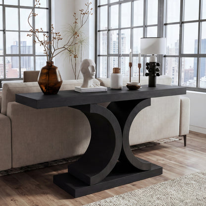 60" Black Console Table, Modern Narrow Sofa Table with Sculptural Curved Base, MDF with Real Wood Veneer Entryway Table, for Living Room, Hallway, Foyer, Black Oak image 1