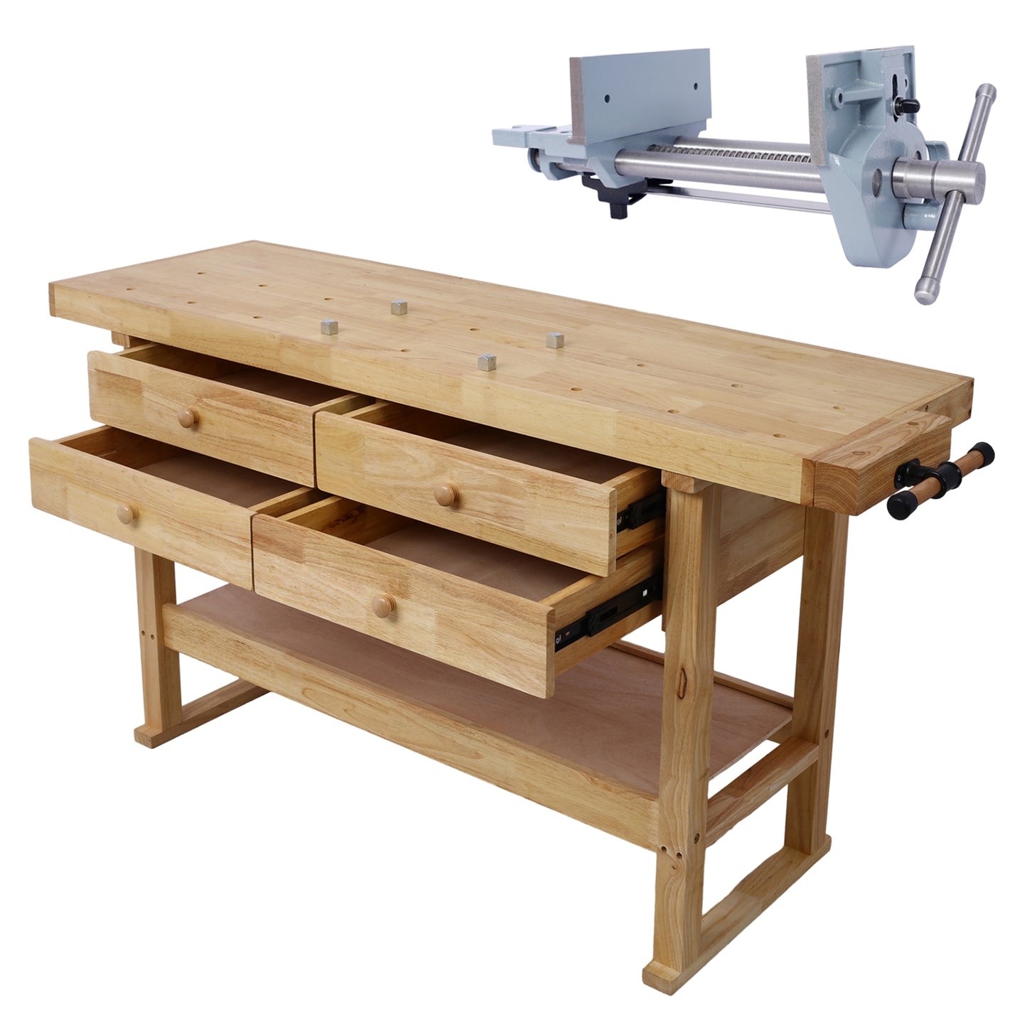 60in Workbench with 4 Drawers Wooden Workbench for Garage Workshop and Home, with Rapid Action Woodworking Vise 7 Inch Jaw Width Made with Heavy-Duty Cast Iron,GRAY image 1