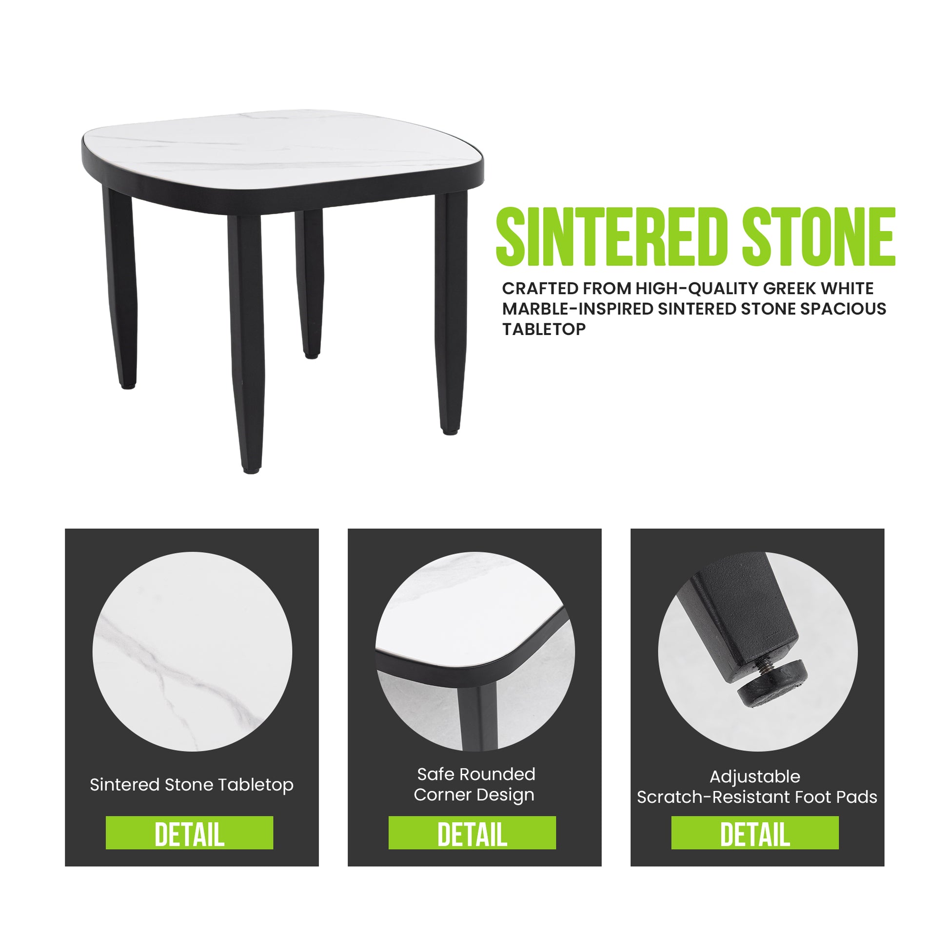 3PC Outdoor Aluminum Patio Furniture,Modern Fully Weld Swivel Lounge Chair Chat Set,Sunbrella Cushions,Elegance Arc 23.6'' Side Table with Greek White Marble-Inspired Sintered Stone Top,Ember Black image 5