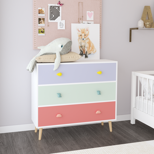 Kids 3 Drawer Dresser, Baby Nightstand for Bedroom, Storage Cabinet for Toddler Child for Living Room, Toddler Room, Nursery, Closet, Apartment (Colorful) image 1