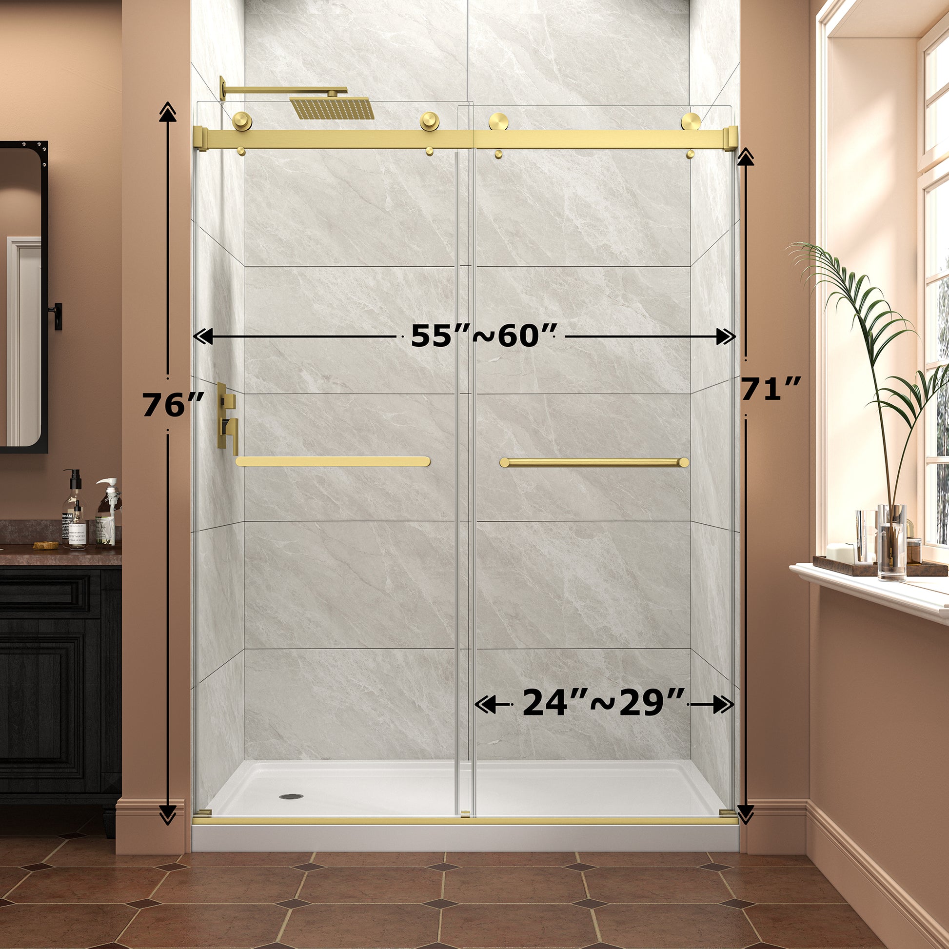 55"-60" W x 76" H Brushed Gold Reversible Installation Double Bypass Sliding Shower Door Easy Installation Frameless Shower Door,5/16"(8MM) Tempered Glass With Nano Explosion-proof Film image 3
