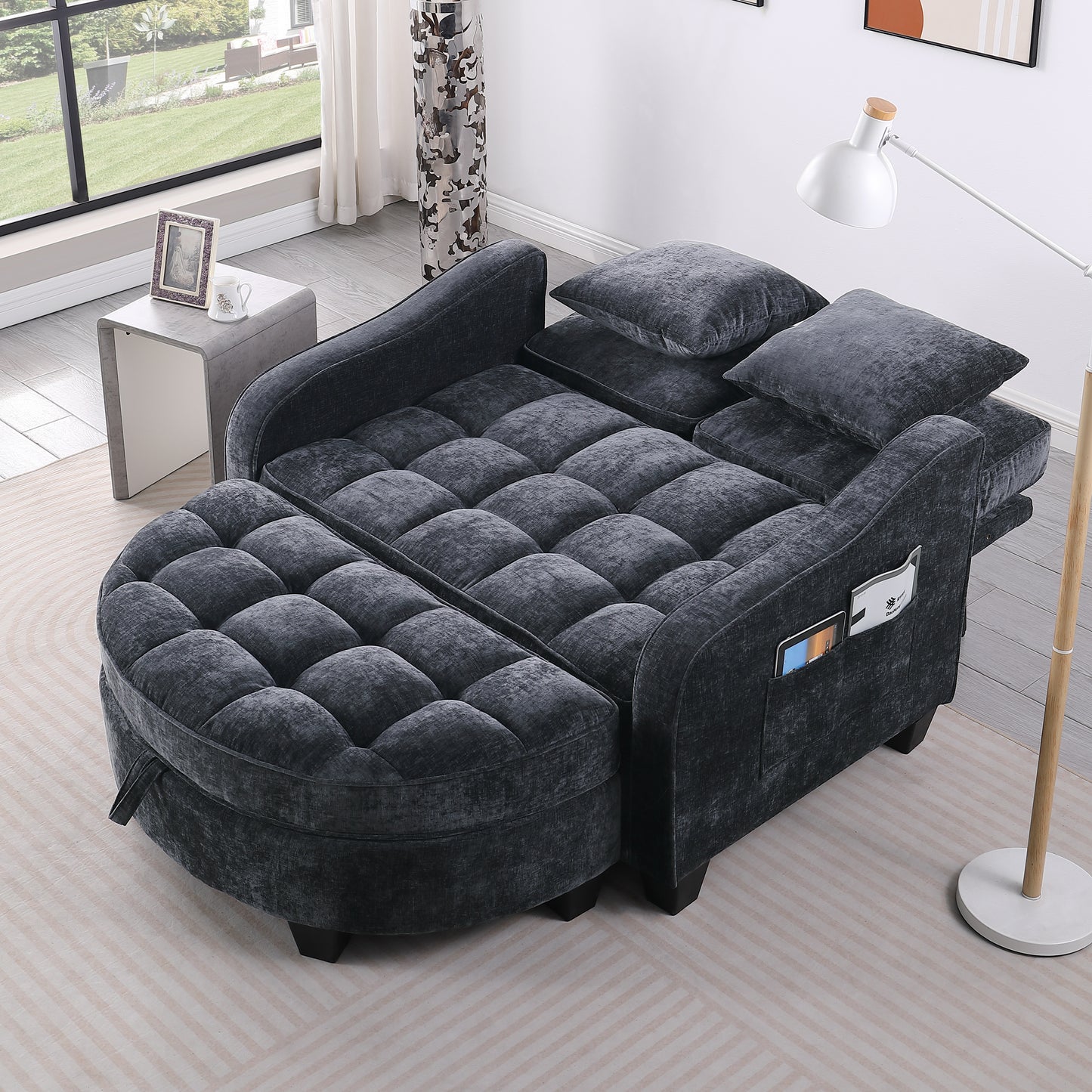 Two-seater sofa, double sofa chaise longue, with irregular armrests and backrests, footrest with storage space, comes with two small throw pillows, suitable for living room and bedroom - Black image 2