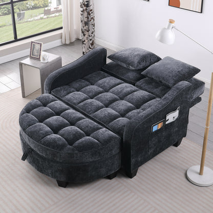 Two-seater sofa, double sofa chaise longue, with irregular armrests and backrests, footrest with storage space, comes with two small throw pillows, suitable for living room and bedroom - Black image 2