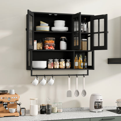 Bathroom Wall Cabinet, 3-Door Wooden Wall Cabinet with Open and Hidden Storage Space, Medicine Cabinet with Glass Door and Towel Bar for Entryway Living Room Bathroom Dining Room,Black image 4