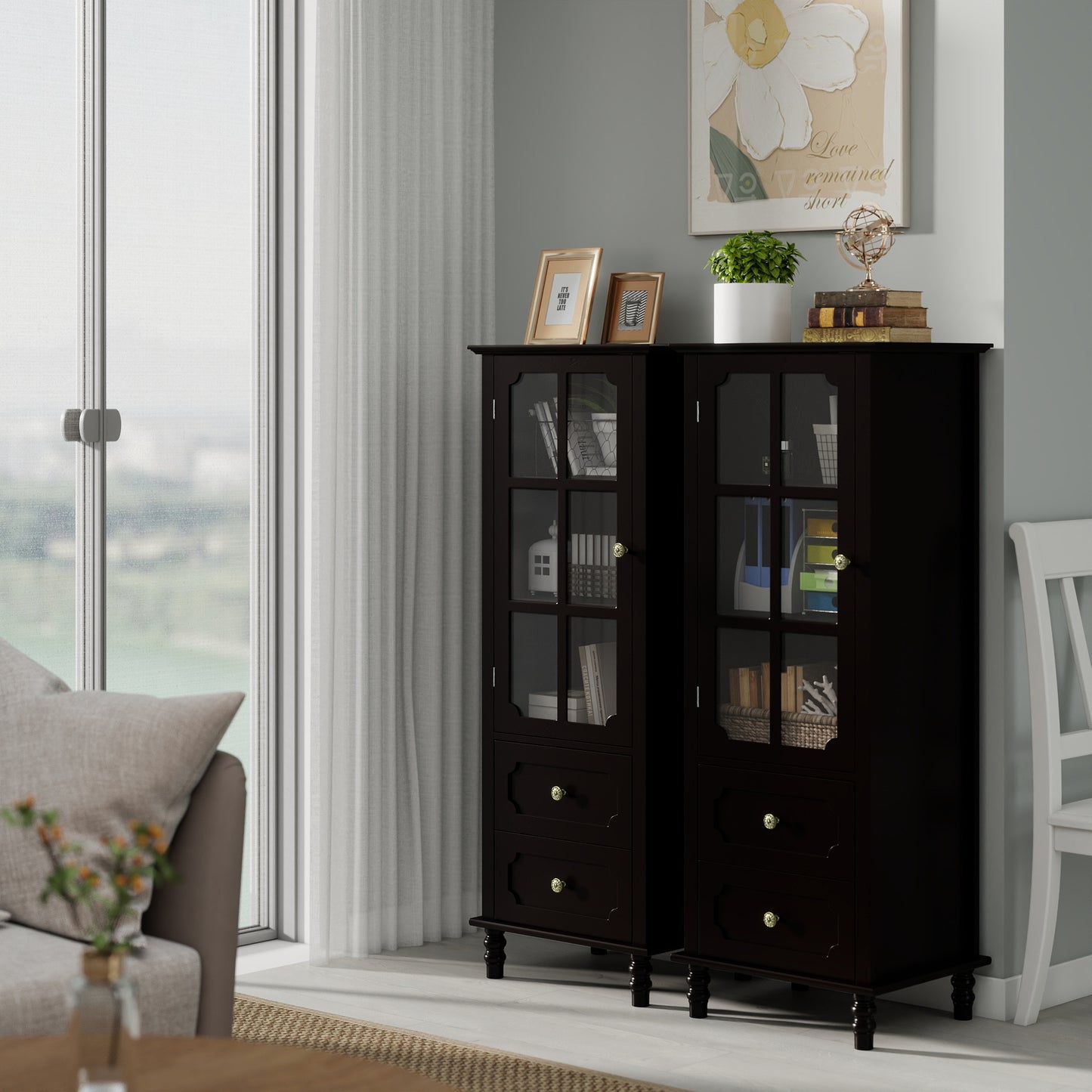Black Tall Storage Cabinet with Glass Door & 2 Drawers, Narrow Freestanding Sideboard Buffet with Adjustable Shelves, Farmhouse Retro Pantry Cupboard for Dining Room, Living Room, Bathroom, Stud image 2