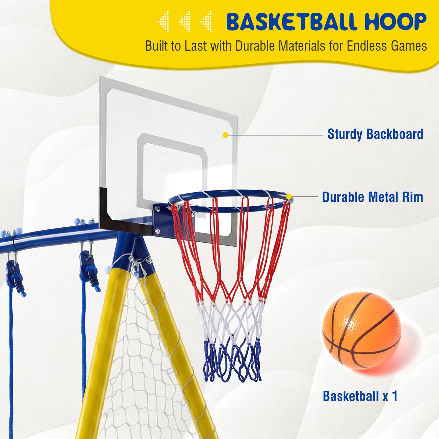 5-in-1 Kids Swing Set with Saucer Swing, Belt Swing, Basketball Hoop & Soccer Goal, Heavy Duty Metal Frame Backyard Playground for Toddlers & Kids Ages 3-10 image 11