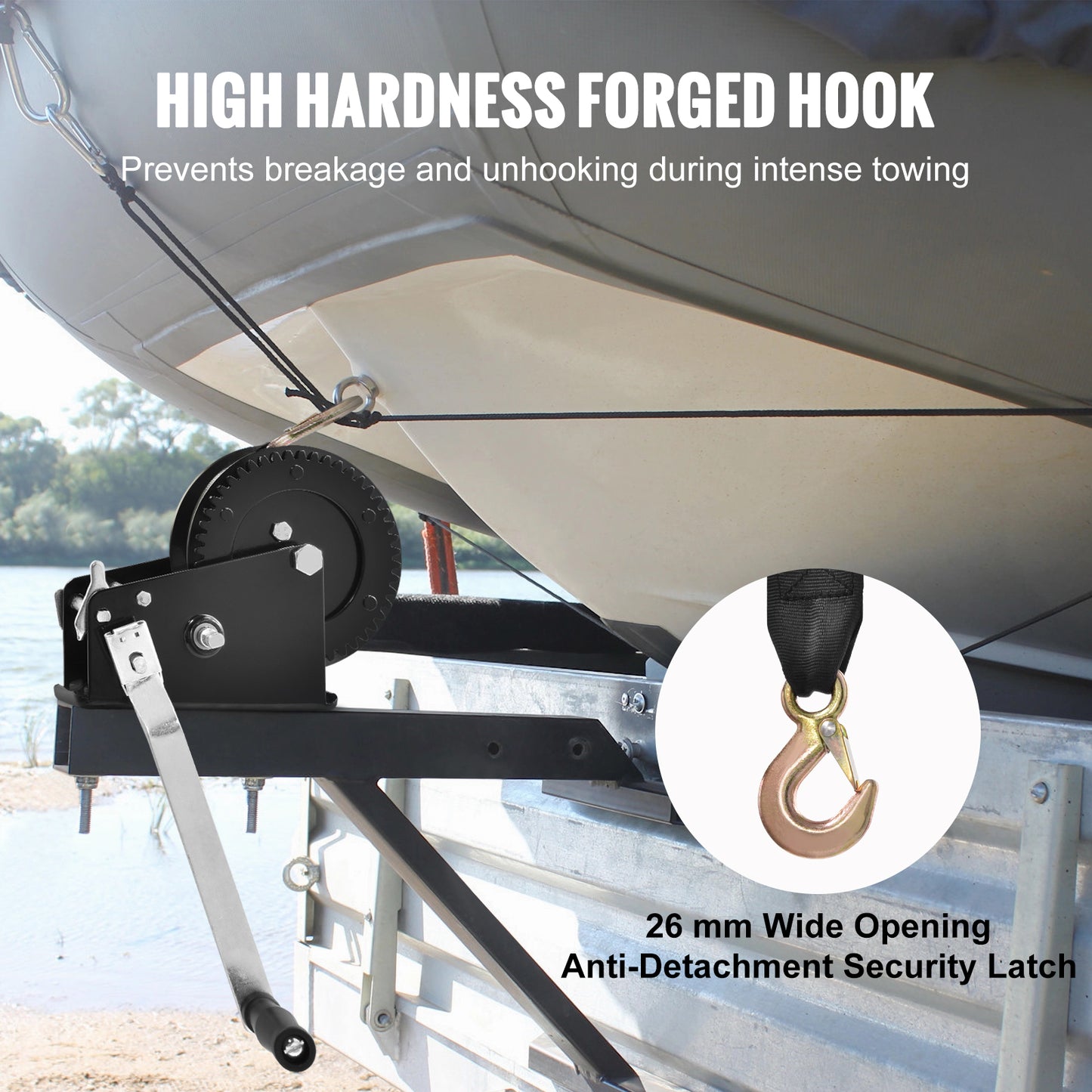 Hand Winch, 3500 lbs Pulling Capacity, Boat Trailer Winch Heavy Duty Rope Crank with 33 ft Polyester Strap and Two-Way Ratchet, Manual Operated Hand Crank Winch for Trailer, Boat or ATV Towing image 3