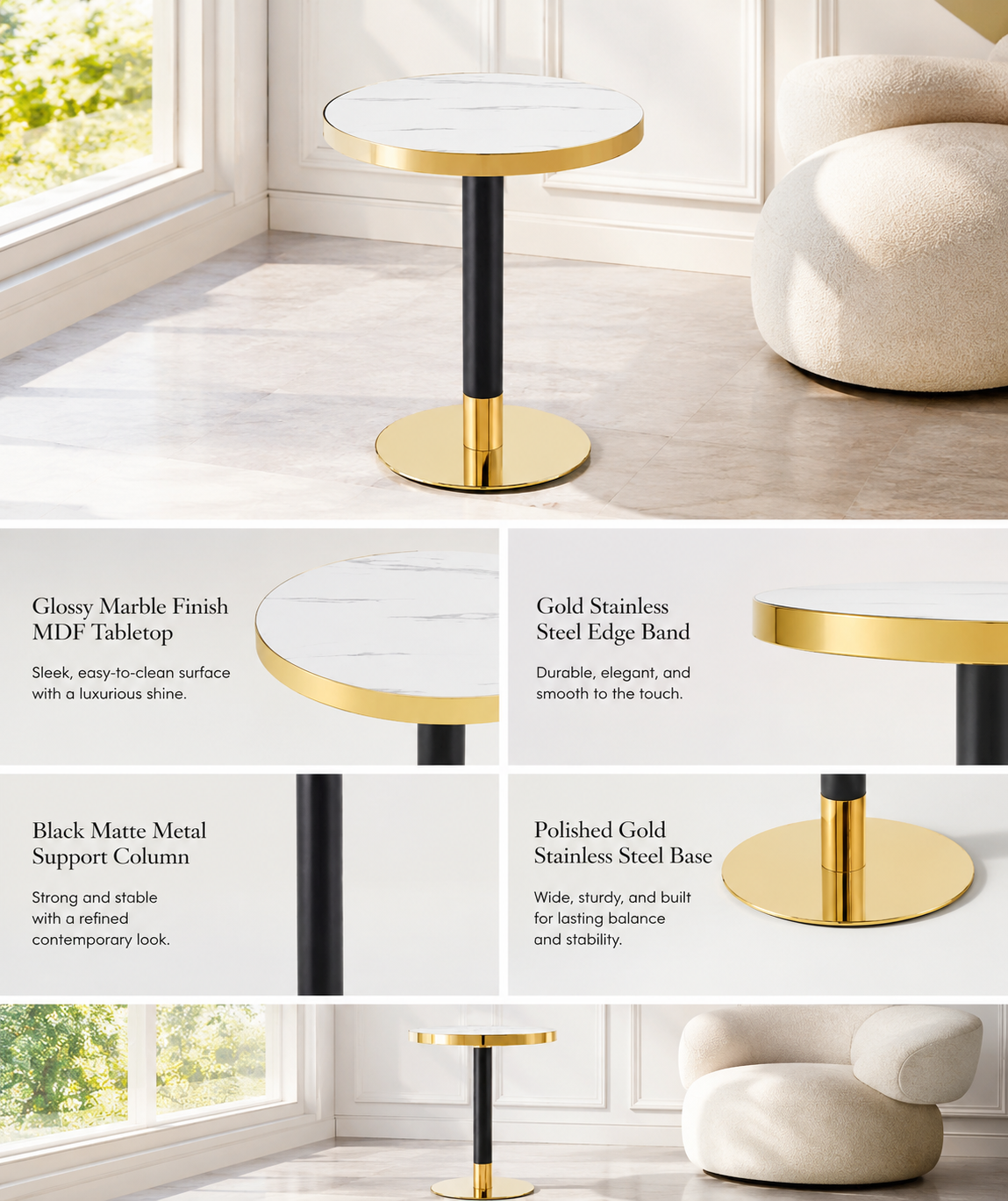 23.6" Round MDF sprayed with UV paint countertop, marble texture, stainless steel edging, metal table legs, modern light luxury edge/coffee table. image 4