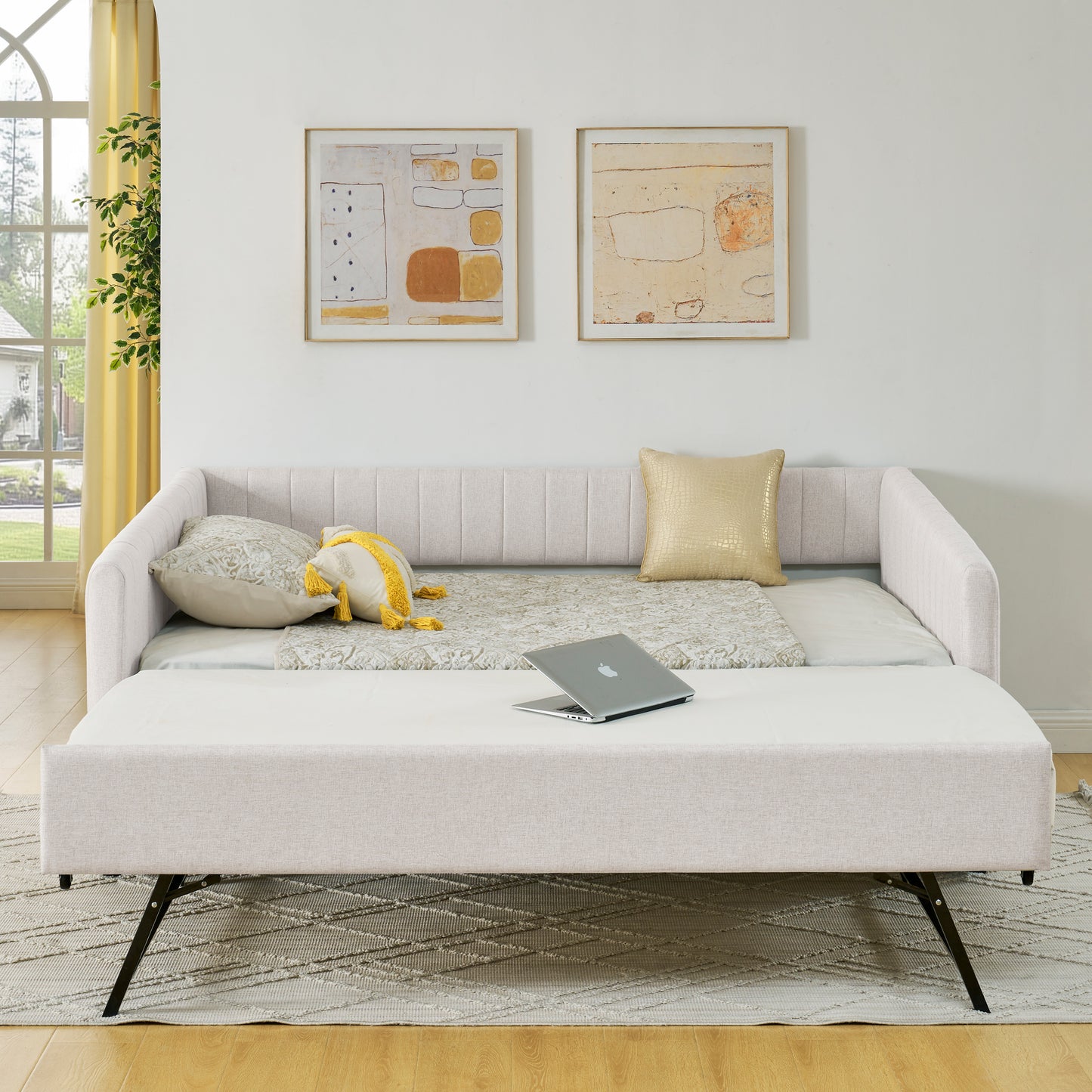 Full Size Daybed with Trundle Upholstered Sofa Bed, with Vertical Stripes, Linen Fabric, Beige (82.5"x58"x30") image 2