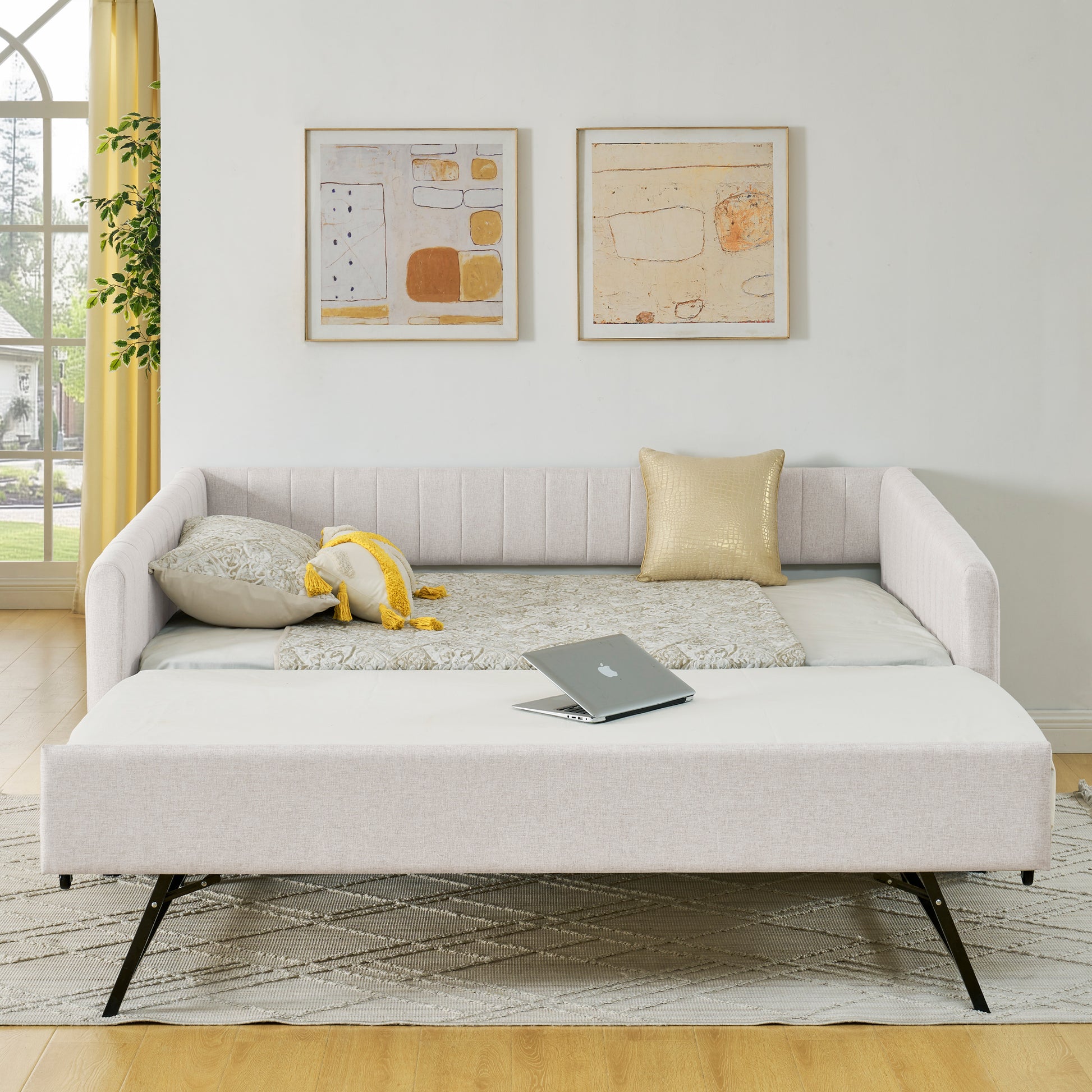 Full Size Daybed with Trundle Upholstered Sofa Bed, with Vertical Stripes, Linen Fabric, Beige (82.5"x58"x30") image 2